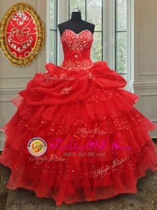 Sequins Pick Ups Ruffled Red Sleeveless Organza Lace Up Quinceanera Gowns for Military Ball and Sweet 16 and Quinceanera