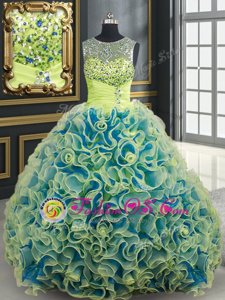 Attractive See Through Scoop Sleeveless Fabric With Rolling Flowers Quince Ball Gowns Beading and Sequins Brush Train Lace Up