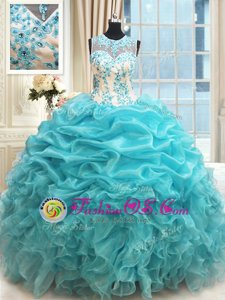 Scoop Organza Sleeveless Floor Length Sweet 16 Quinceanera Dress and Appliques and Ruffles and Pick Ups