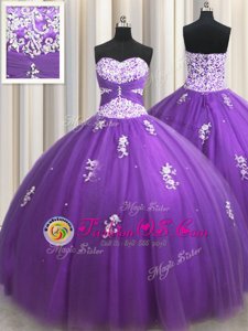 Tulle Sweetheart Sleeveless Zipper Beading and Appliques 15 Quinceanera Dress in Eggplant Purple