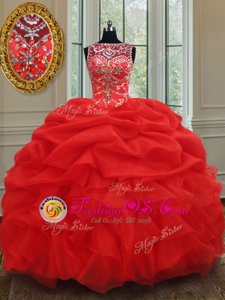 See Through Red Lace Up Bateau Beading and Ruffles 15 Quinceanera Dress Organza Sleeveless