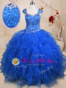Straps Blue Cap Sleeves Floor Length Beading and Ruffles Lace Up Ball Gown Prom Dress