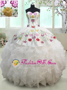 White Organza and Taffeta Lace Up Sweetheart Sleeveless Floor Length Quince Ball Gowns Embroidery and Ruffles