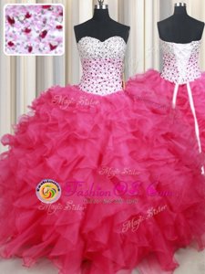 Stylish Hot Pink Sleeveless Beading and Ruffles Floor Length Quince Ball Gowns