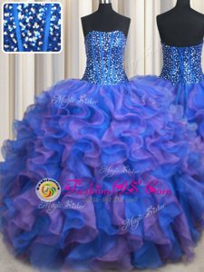 Blue and Purple Strapless Neckline Beading and Ruffles Quinceanera Gowns Sleeveless Lace Up