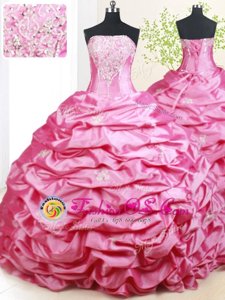 Stylish Hot Pink Taffeta Lace Up Strapless Sleeveless With Train Sweet 16 Dresses Brush Train Beading and Pick Ups