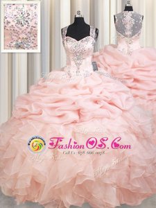 Straps Beading and Ruffles and Pick Ups Quinceanera Dress Pink Zipper Sleeveless Brush Train