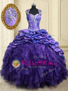 Pick Ups Brush Train Ball Gowns Quince Ball Gowns Purple Straps Organza and Taffeta Cap Sleeves Lace Up