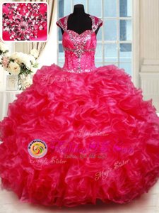 Artistic Sweetheart Cap Sleeves Organza Quinceanera Dresses Beading and Ruffles Backless