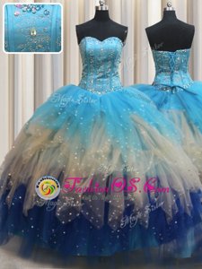 Superior Sleeveless Floor Length Beading and Ruffles Lace Up Ball Gown Prom Dress with Multi-color