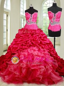 See Through Sweetheart Sleeveless Sweet 16 Dress With Train Chapel Train Beading and Ruffles and Pick Ups Coral Red Organza and Taffeta