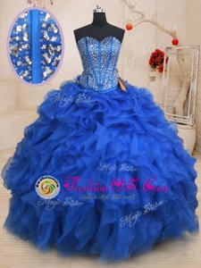 Trendy Royal Blue Sleeveless Organza Lace Up Sweet 16 Quinceanera Dress for Military Ball and Sweet 16 and Quinceanera