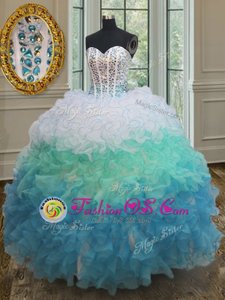 Trendy Multi-color Sweetheart Neckline Beading and Ruffles 15th Birthday Dress Sleeveless Lace Up