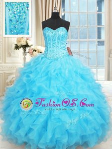 With Train Lace Up Sweet 16 Dress Baby Blue and In for Military Ball and Sweet 16 and Quinceanera with Beading and Pick Ups Brush Train