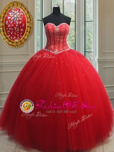 New Style Red Ball Gowns Tulle Sweetheart Sleeveless Beading Floor Length Lace Up Sweet 16 Dresses