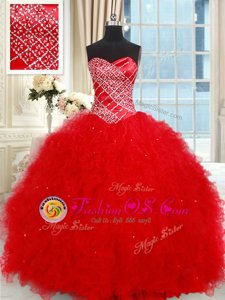 High Quality Red Tulle Lace Up Sweet 16 Dress Sleeveless Floor Length Beading and Ruffled Layers