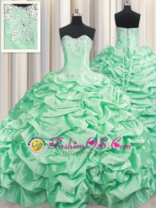 Pick Ups Brush Train Ball Gowns Quinceanera Dress Apple Green Sweetheart Taffeta Sleeveless With Train Lace Up