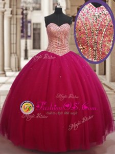 Fabulous Red Ball Gowns Sweetheart Sleeveless Tulle Floor Length Lace Up Beading and Appliques Quinceanera Dress