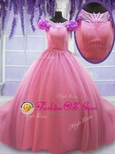 Scoop Rose Pink Quince Ball Gowns Tulle Court Train Cap Sleeves Beading and Hand Made Flower
