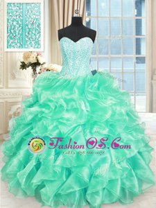 Turquoise Sleeveless Floor Length Beading and Ruffles Lace Up Vestidos de Quinceanera
