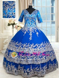 Custom Made Royal Blue Quince Ball Gowns Military Ball and Sweet 16 and Quinceanera and For with Beading and Lace and Ruffled Layers V-neck Half Sleeves Zipper