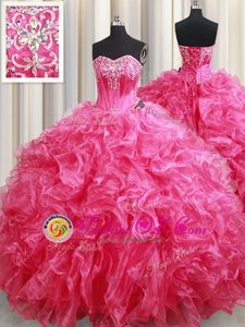 Stunning Hot Pink Sweetheart Lace Up Beading and Ruffles Quinceanera Dresses Brush Train Sleeveless