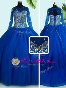 Royal Blue Tulle Lace Up Scoop Long Sleeves With Train Ball Gown Prom Dress Brush Train Beading