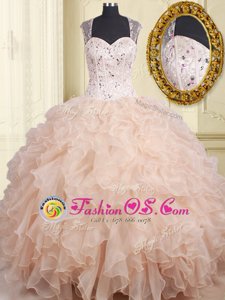 Straps Pink Organza Zipper Quinceanera Dress Cap Sleeves Floor Length Beading and Ruffles