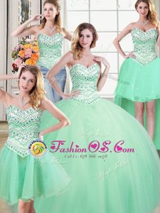 Unique Four Piece Sleeveless Tulle Floor Length Lace Up Quinceanera Gowns in Apple Green for with Beading