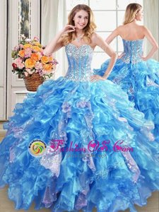 Sequins Sweetheart Sleeveless Lace Up Sweet 16 Dress Baby Blue Organza