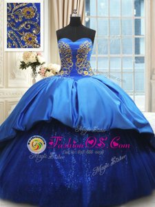 Royal Blue Ball Gowns Beading and Embroidery Quinceanera Dress Lace Up Satin Sleeveless With Train