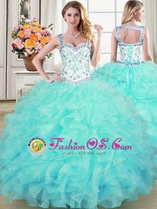 Glamorous Ball Gowns Quinceanera Dresses Aqua Blue Straps Organza Sleeveless Floor Length Lace Up