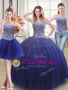 Three Piece Floor Length Lace Up 15th Birthday Dress Royal Blue and In for Military Ball and Sweet 16 and Quinceanera with Beading
