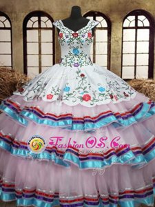 Straps White Lace Up Quinceanera Gowns Embroidery and Ruffled Layers Sleeveless Floor Length