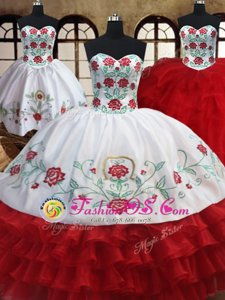 Admirable Three Piece Floor Length White and Red Sweet 16 Dress Organza Sleeveless Embroidery and Ruffled Layers