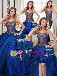 Modest Four Piece Pick Ups Floor Length Ball Gowns Sleeveless Royal Blue 15th Birthday Dress Lace Up