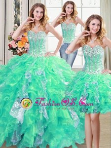 Three Piece Sequins Sweetheart Sleeveless Lace Up Ball Gown Prom Dress Turquoise Organza