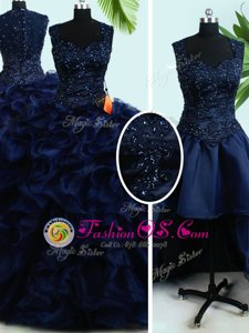High Class Four Piece Floor Length Navy Blue Quinceanera Dress Straps Sleeveless Zipper