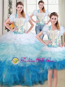 Suitable Three Piece Multi-color Sleeveless Organza Lace Up Sweet 16 Dress for Military Ball and Sweet 16 and Quinceanera