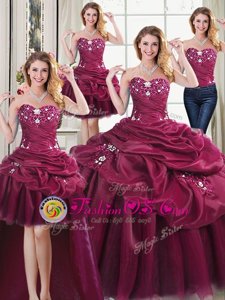 Four Piece Beading and Appliques and Pick Ups Quinceanera Dresses Burgundy Lace Up Sleeveless Floor Length