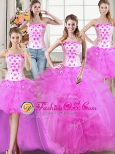 Four Piece Strapless Sleeveless Quinceanera Dress Floor Length Beading and Appliques and Ruffles Fuchsia Tulle