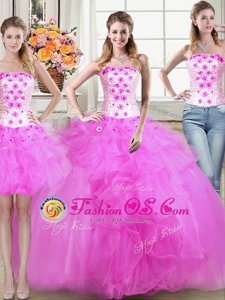 Dramatic Three Piece Mermaid Strapless Sleeveless Tulle Ball Gown Prom Dress Beading and Appliques and Ruffles Lace Up