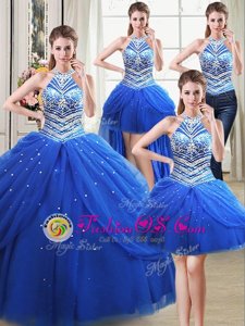 Four Piece Royal Blue Halter Top Neckline Beading and Pick Ups Quinceanera Dresses Sleeveless Lace Up