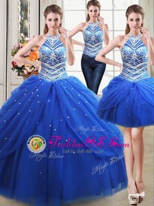 Custom Made Three Piece Halter Top Pick Ups Royal Blue Sleeveless Tulle Lace Up Quince Ball Gowns for Military Ball and Sweet 16 and Quinceanera