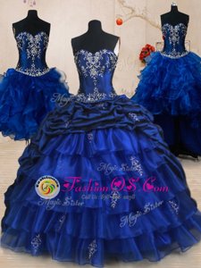 Classical Four Piece Royal Blue Ball Gowns Organza and Taffeta Sweetheart Sleeveless Beading and Ruffled Layers and Pick Ups With Train Lace Up 15 Quinceanera Dress Brush Train