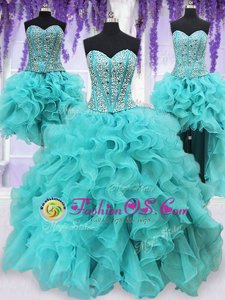 Simple Four Piece Sweetheart Sleeveless Organza Quinceanera Gown Beading and Ruffles Lace Up