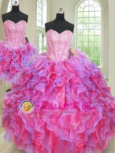 Three Piece Multi-color Ball Gowns Organza Sweetheart Sleeveless Beading and Ruffles Floor Length Lace Up Quince Ball Gowns