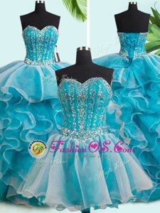 Three Piece Sweetheart Sleeveless Sweet 16 Dress Brush Train Beading and Ruffles White Organza