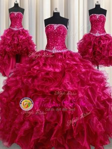 Four Piece Organza Strapless Sleeveless Lace Up Beading and Ruffles Quinceanera Gown in Burgundy