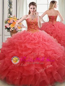 Discount Organza Sweetheart Sleeveless Lace Up Beading and Ruffles Sweet 16 Dresses in Coral Red
